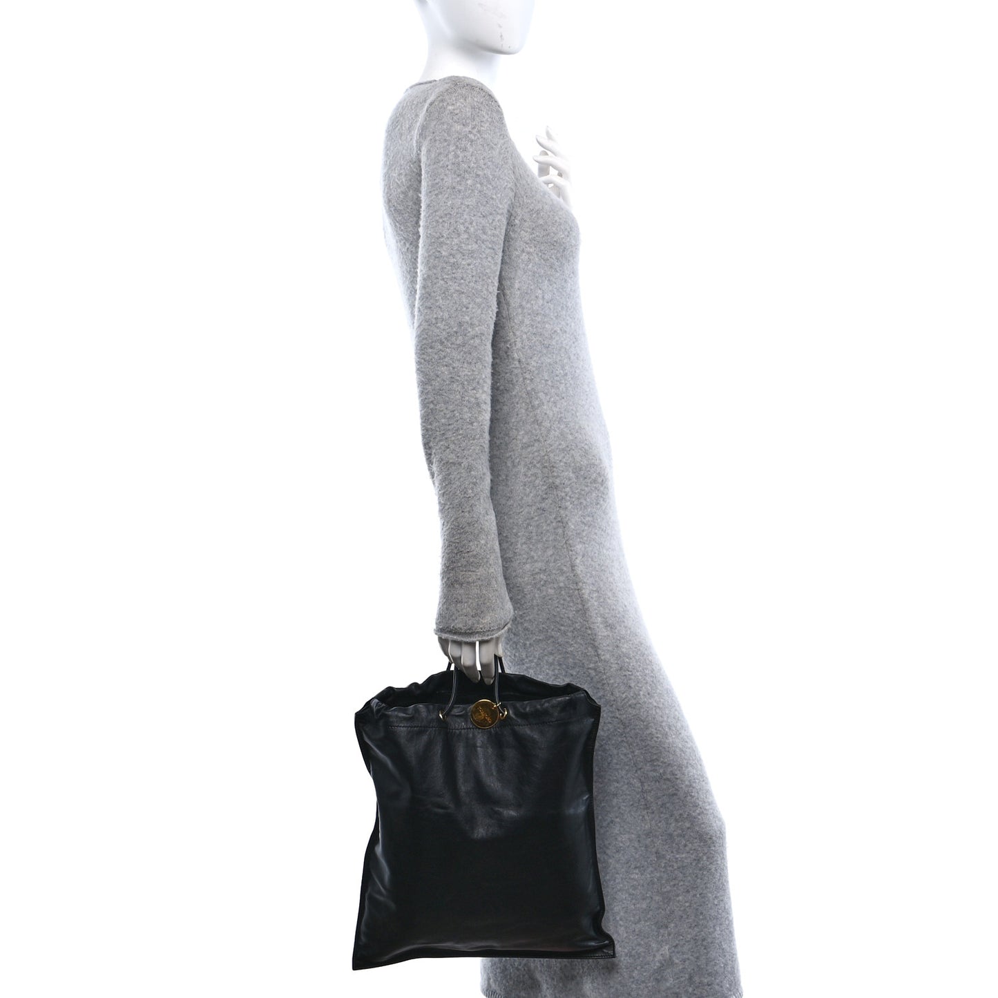 Calfskin Flat Drawstring Tote Black