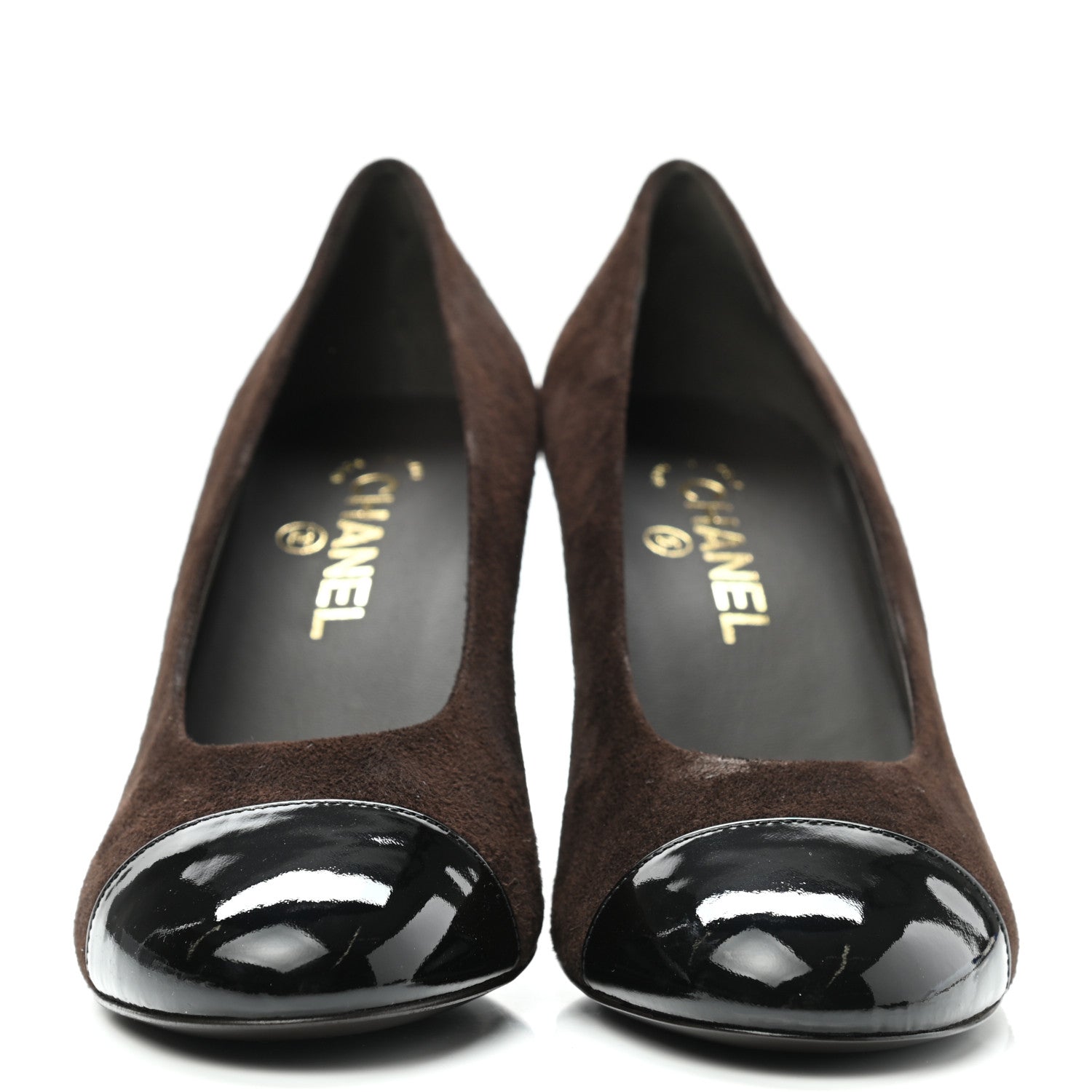 Chanel Kid Suede Patent Calfskin Cap Toe CC Pumps 39.5 Brown Black 2 of 10