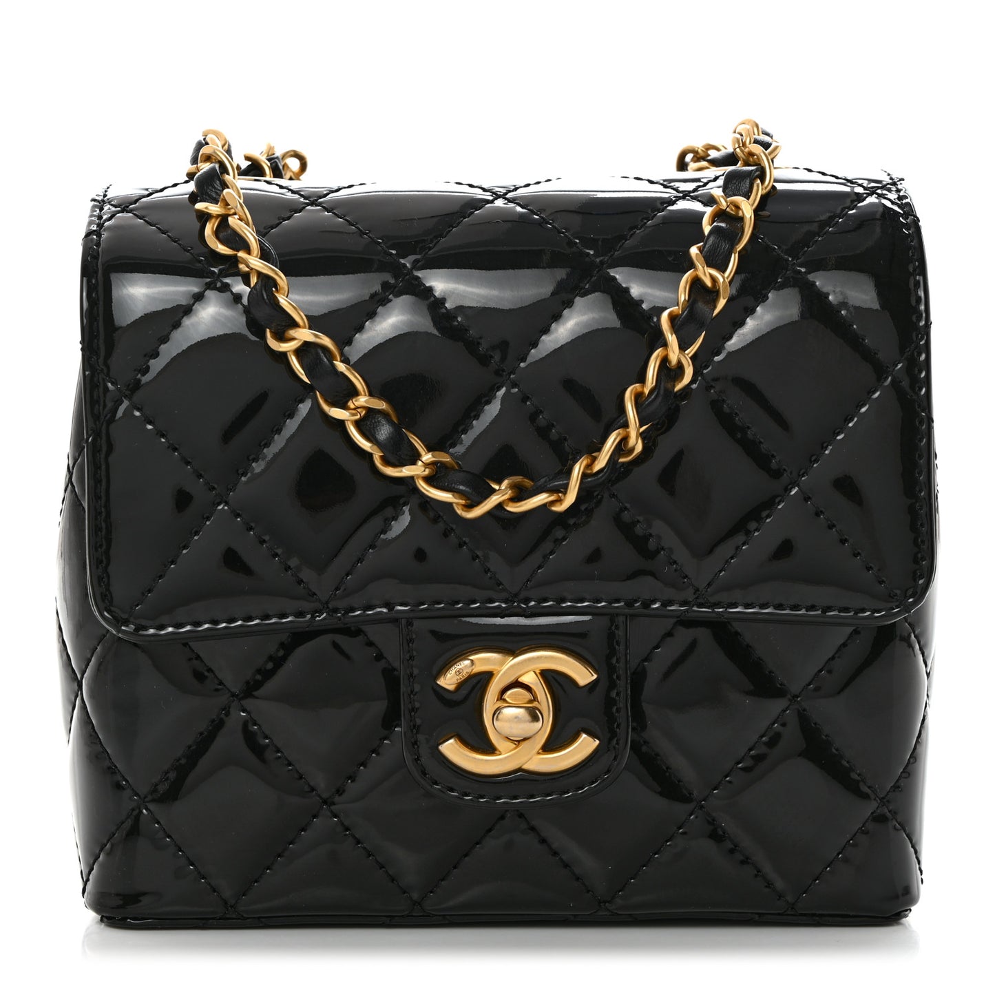 Patent Calfskin Quilted Mini Square Flap Black