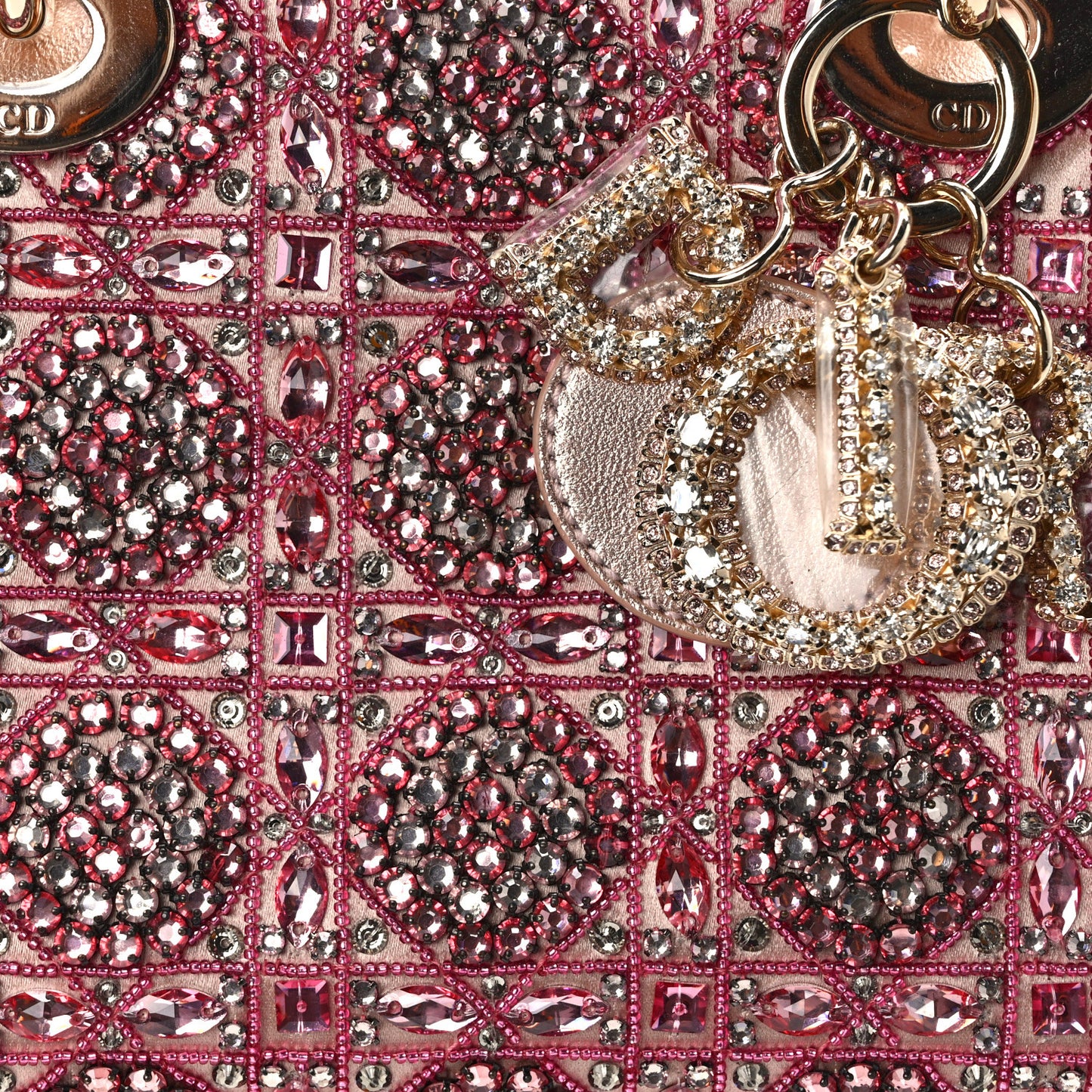 Metallic Calfskin Satin Celestial Bead Embroidery Cannage Mini Lady Dior Rose Des Vents