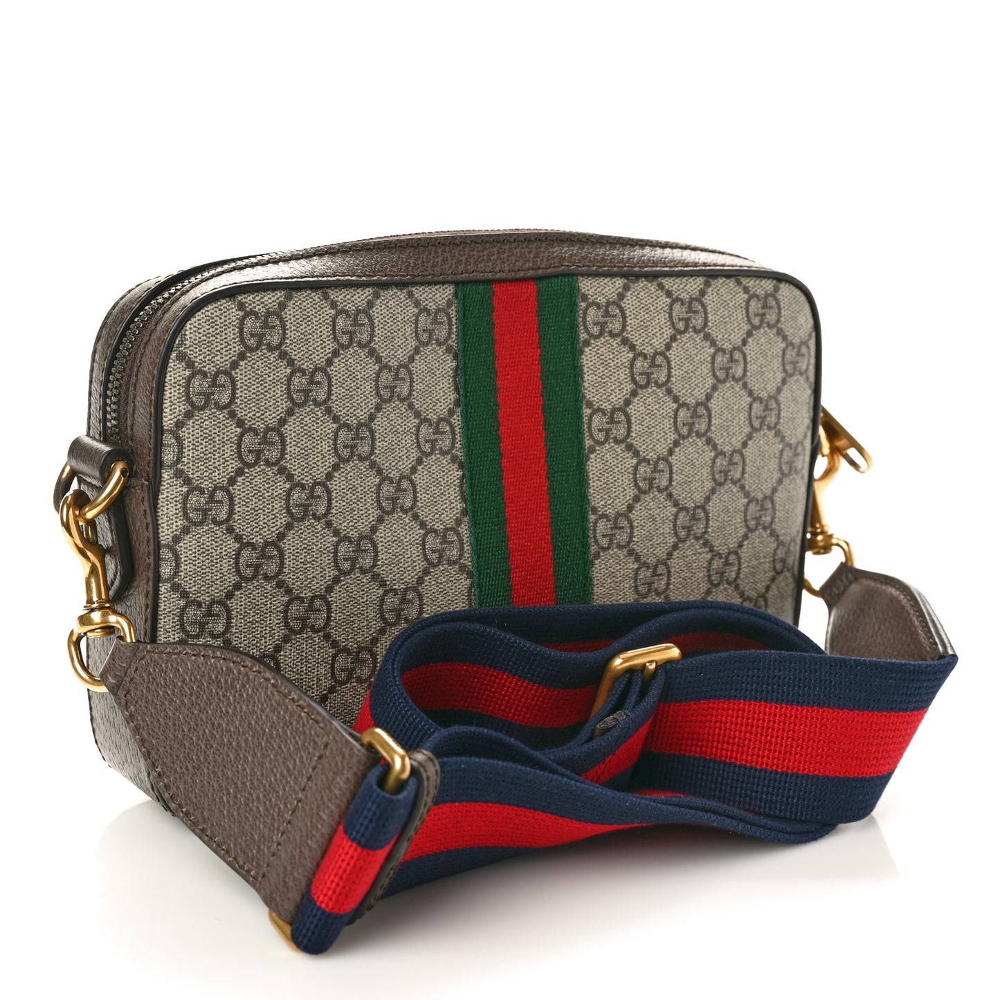 GG Supreme Monogram Textured Dollar Calfskin Web Ophidia Wristlet Shoulder Bag Beige Ebony New Acero
