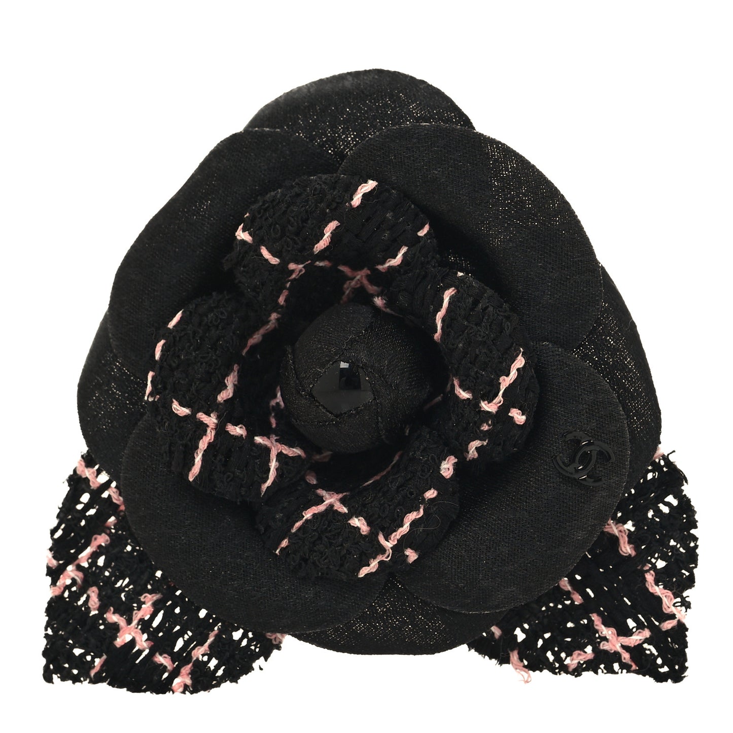 Tweed Camellia Pin Brooch Black Pink
