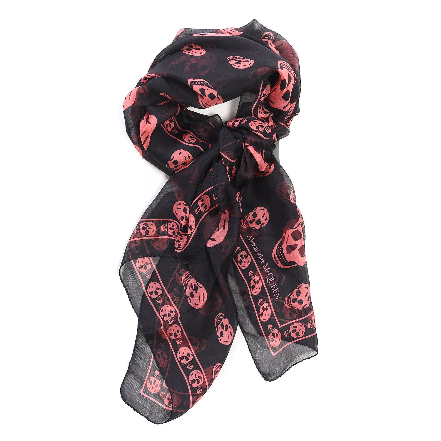 Alexander McQueen Silk Chiffon Skull Scarf Black Pink 506097