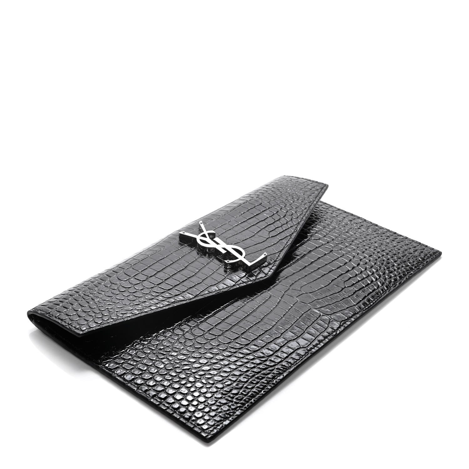 Saint Laurent Calfskin Crocodile Embossed Uptown Monogram Clutch Black 3 of 8