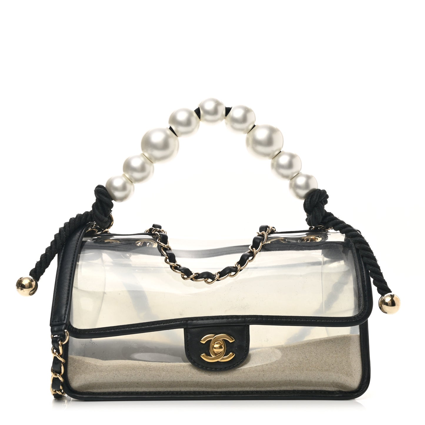 Lambskin PVC Sand By The Sea Flap With Pearl Strap Black