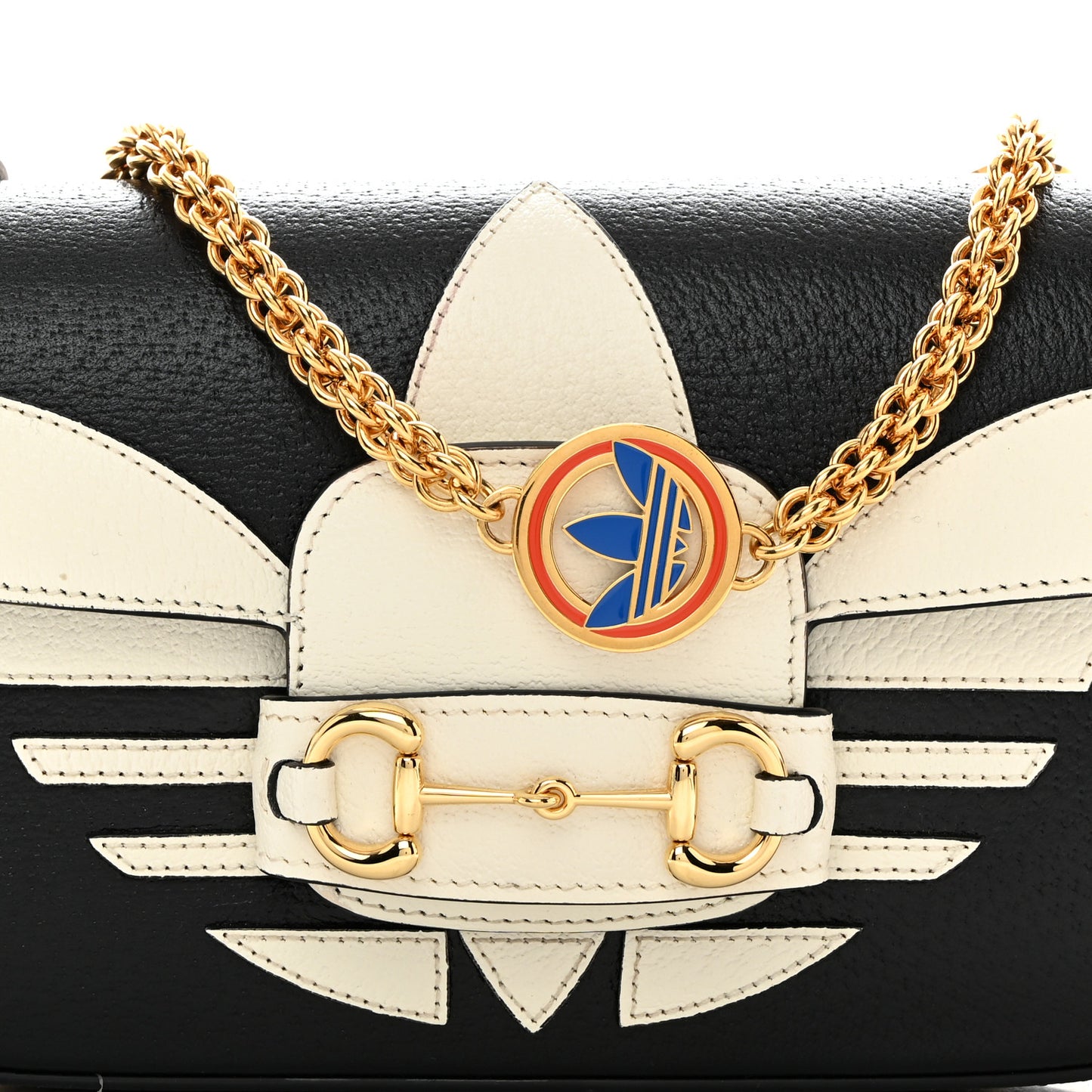 X ADIDAS Textured Dollar Calfskin Web Small Trefoil Horsebit 1955 Shoulder Bag Black Off White