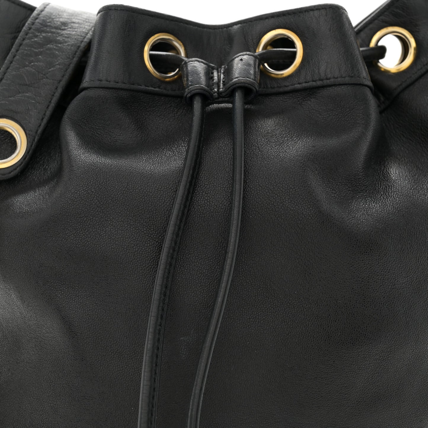 Lambskin Quilted Drawstring Bucket Bag Black
