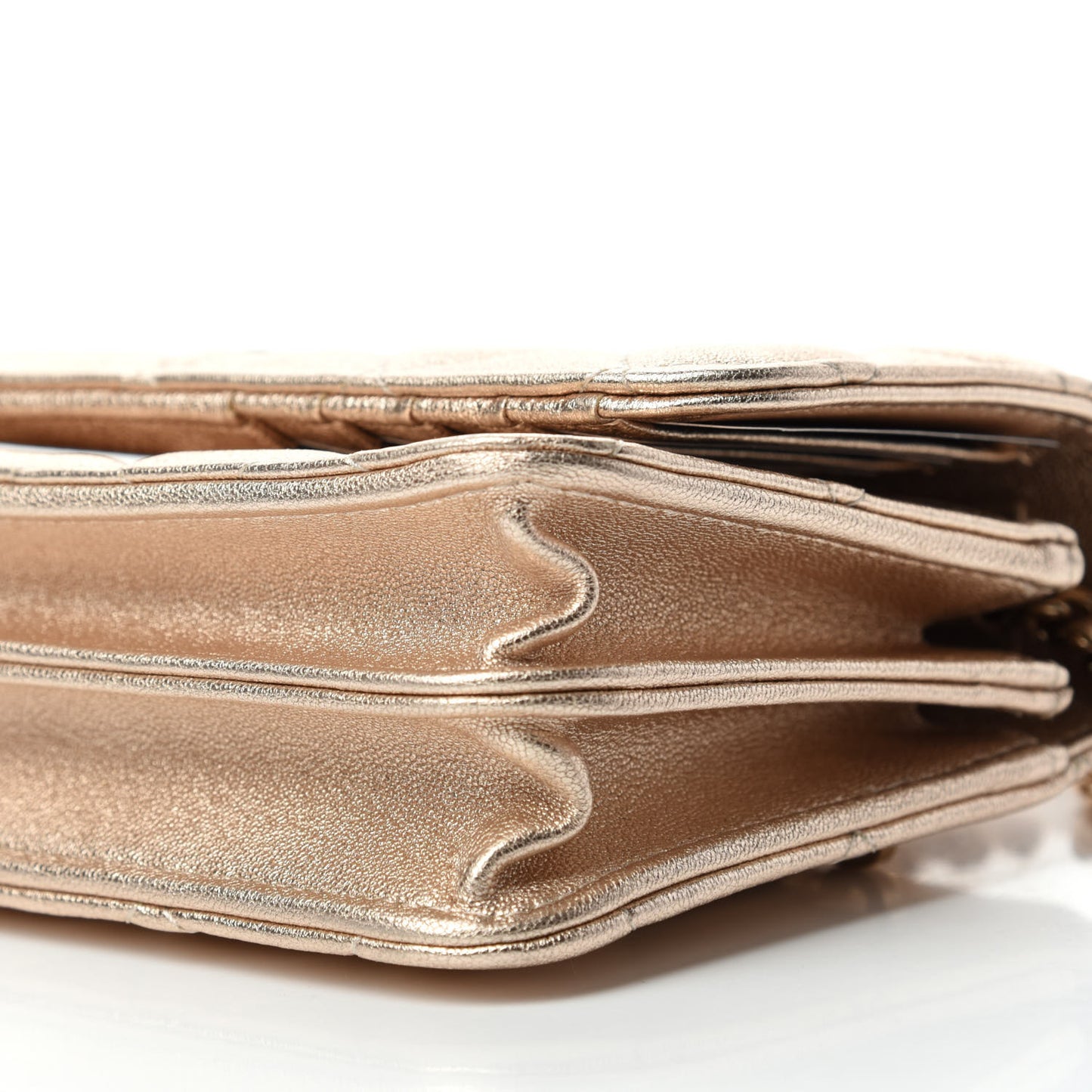 Metallic Lambskin Quilted Mini Wallet On Chain WOC Gold