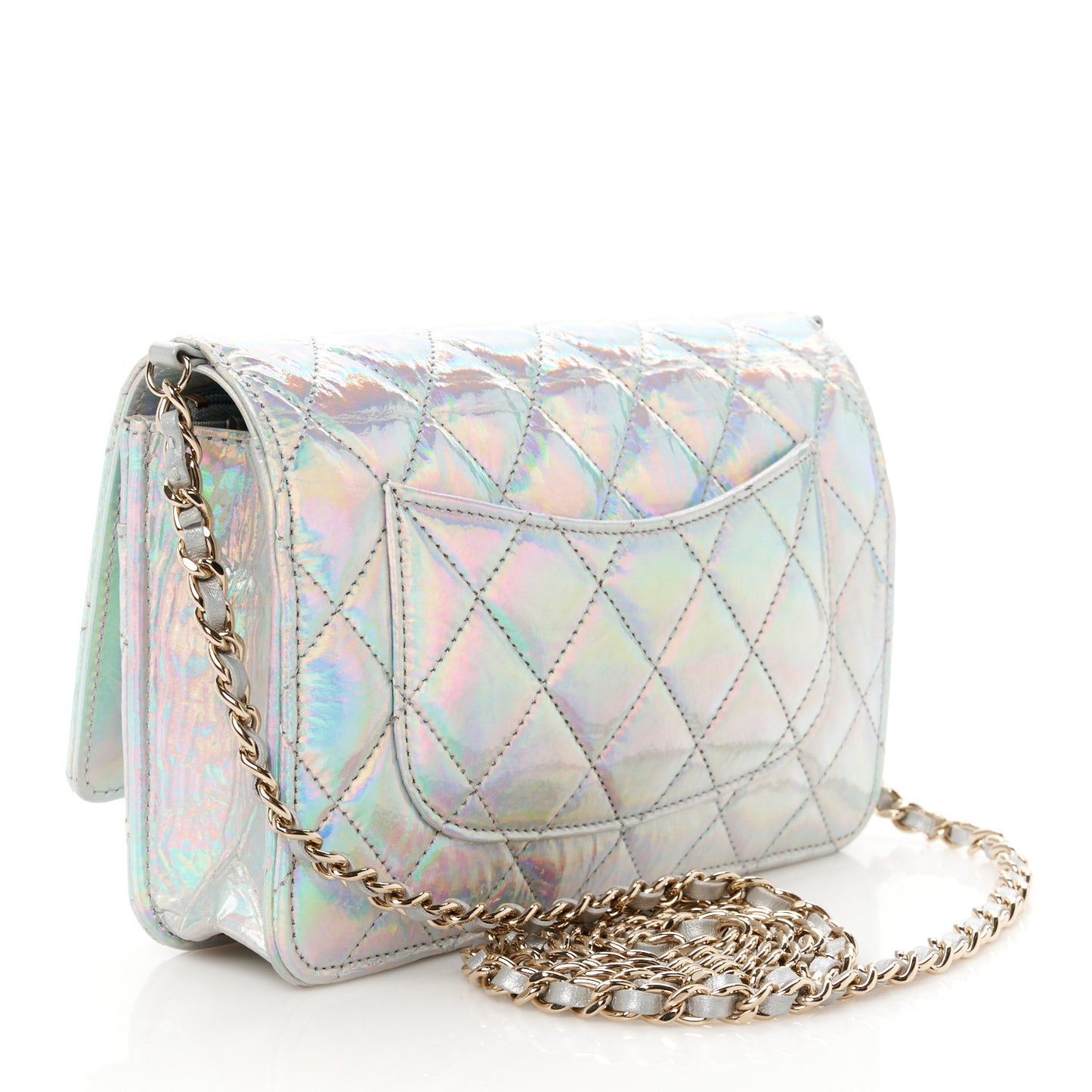 Iridescent Goatskin Quilted Wallet On Chain WOC Silver