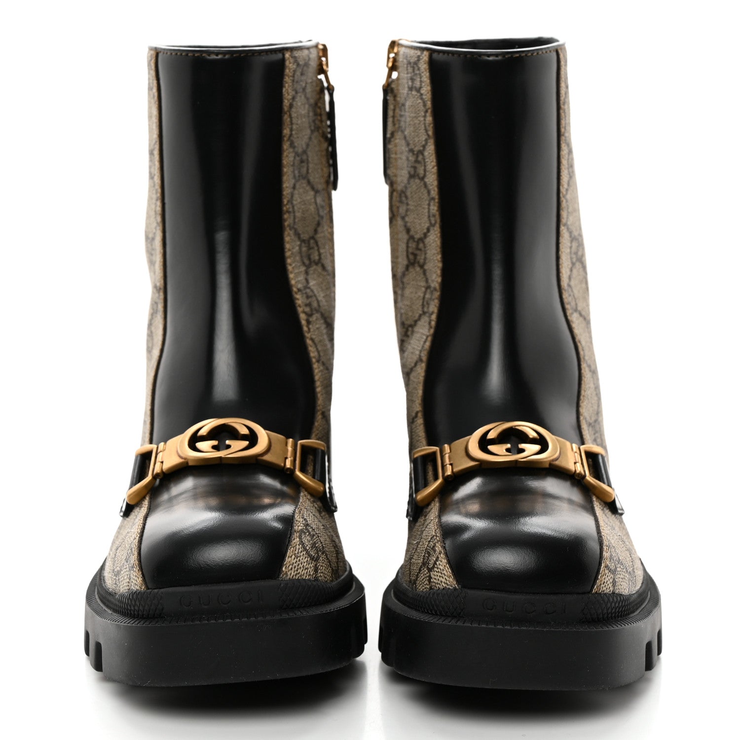 Gucci GG Supreme Monogram Magnum Calfskin Interlocking G Womens Lug Sole Ankle Boots 35.5 Beige Ebony Black 2 of 13