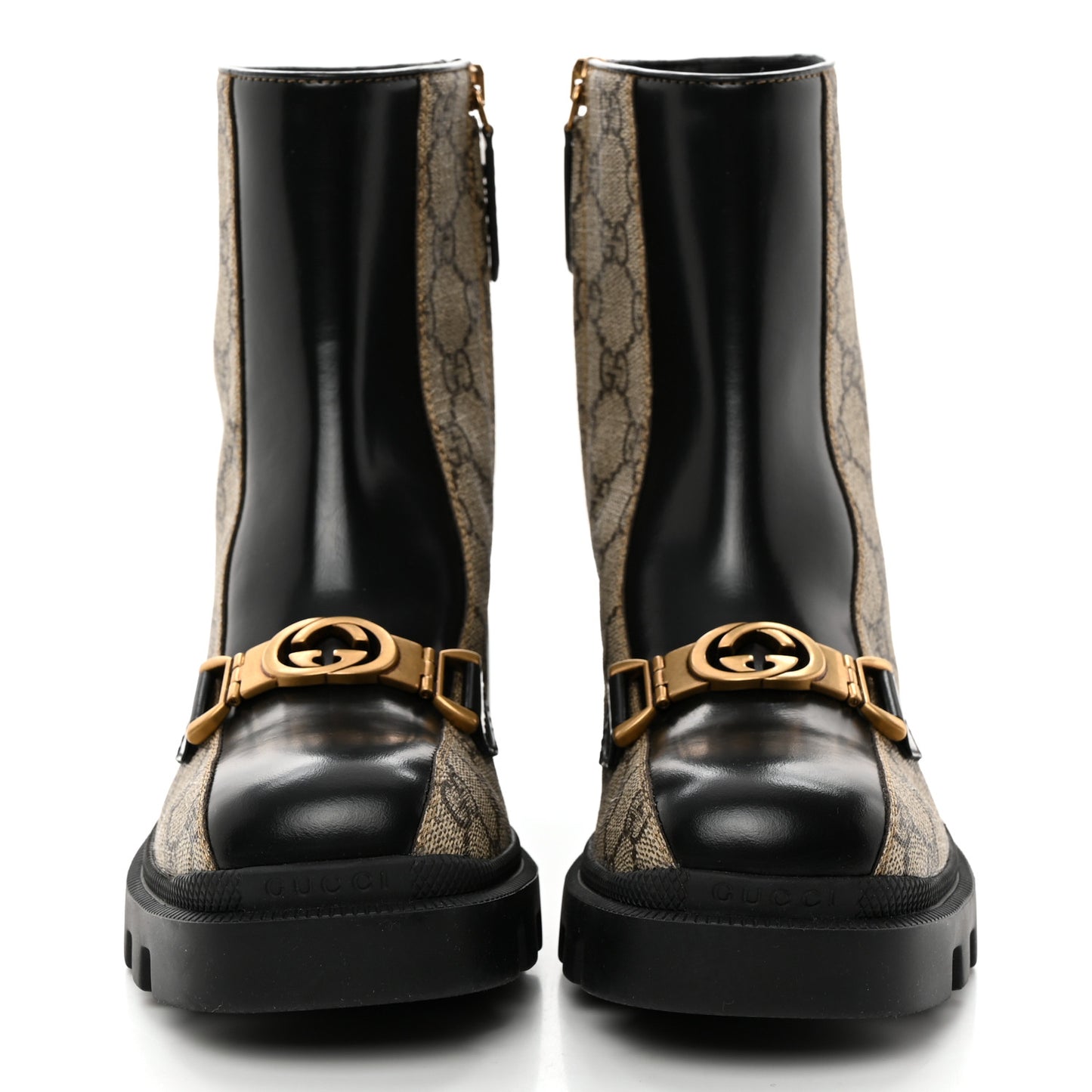 GG Supreme Monogram Magnum Calfskin Interlocking G Womens Lug Sole Ankle Boots 35.5 Beige Ebony Black