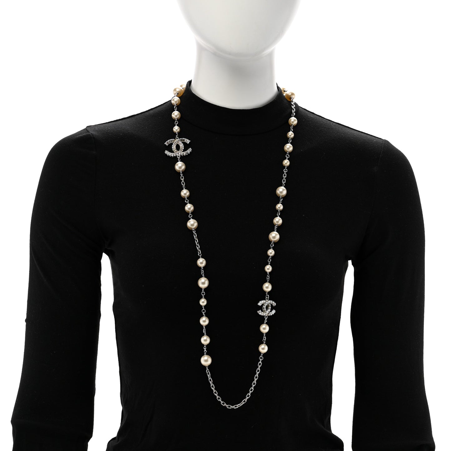 Pearl Baguette Crystal CC Long Necklace Silver