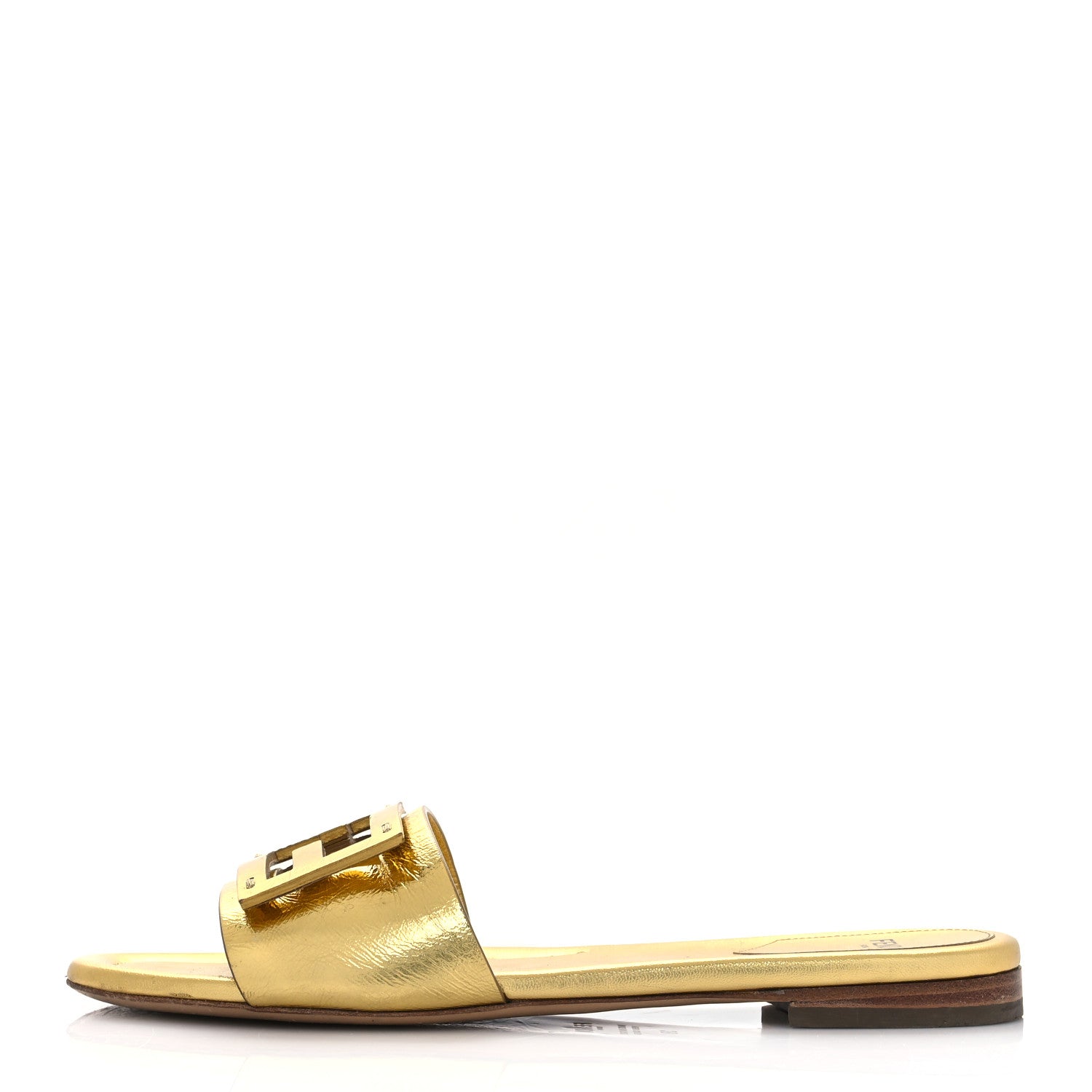 Fendi Nappa Laminata Cuoio Baguette Flat Slide Sandals 38 Gold