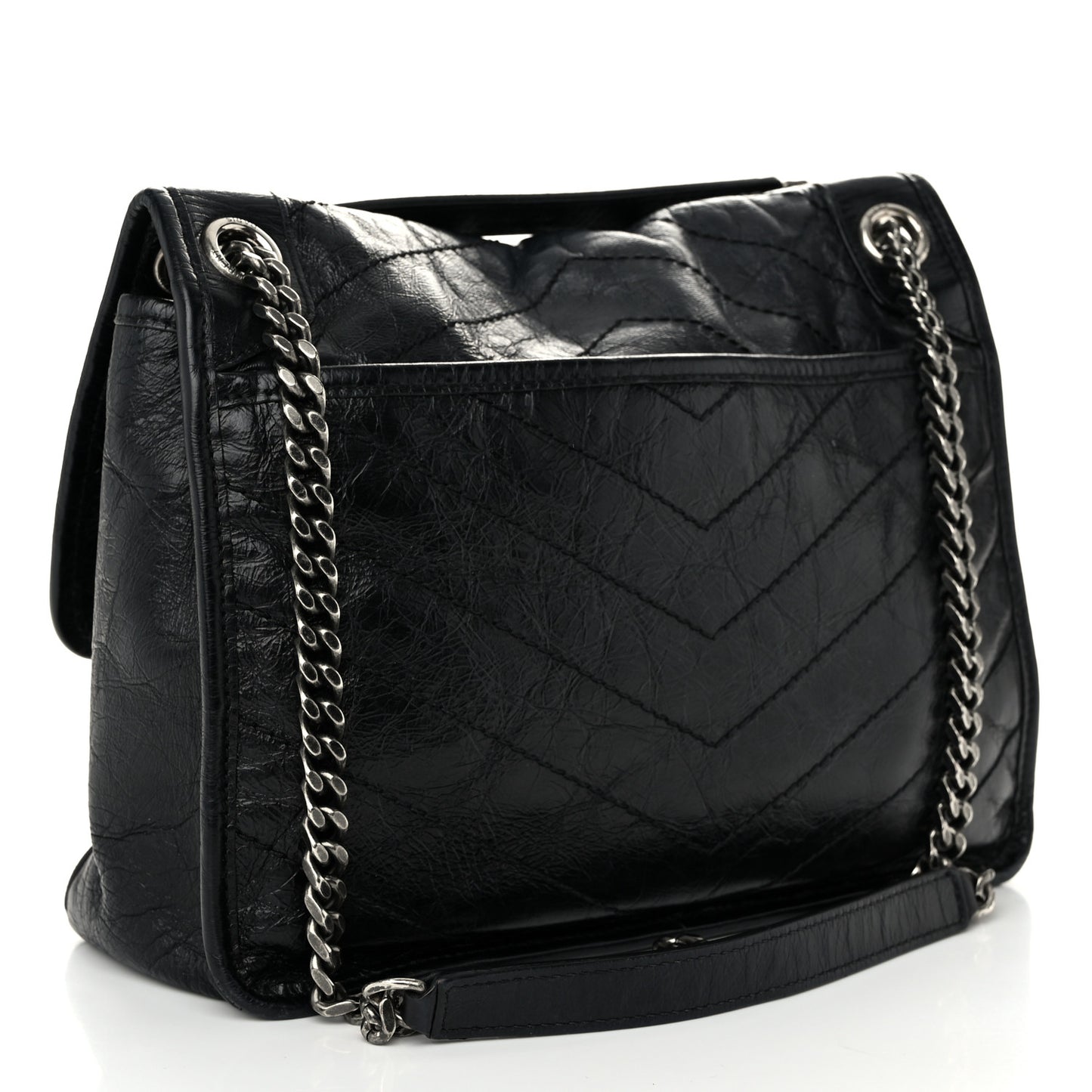 Crinkled Calfskin Matelasse Monogram Medium Niki Chain Satchel Black