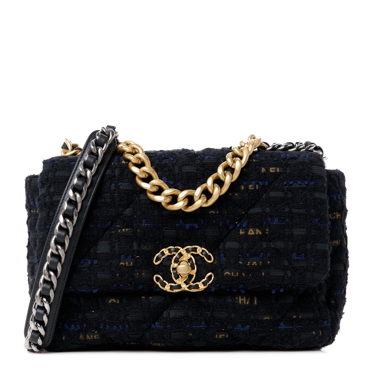 Tweed Quilted Medium Chanel 19 Flap Black Navy Gold
