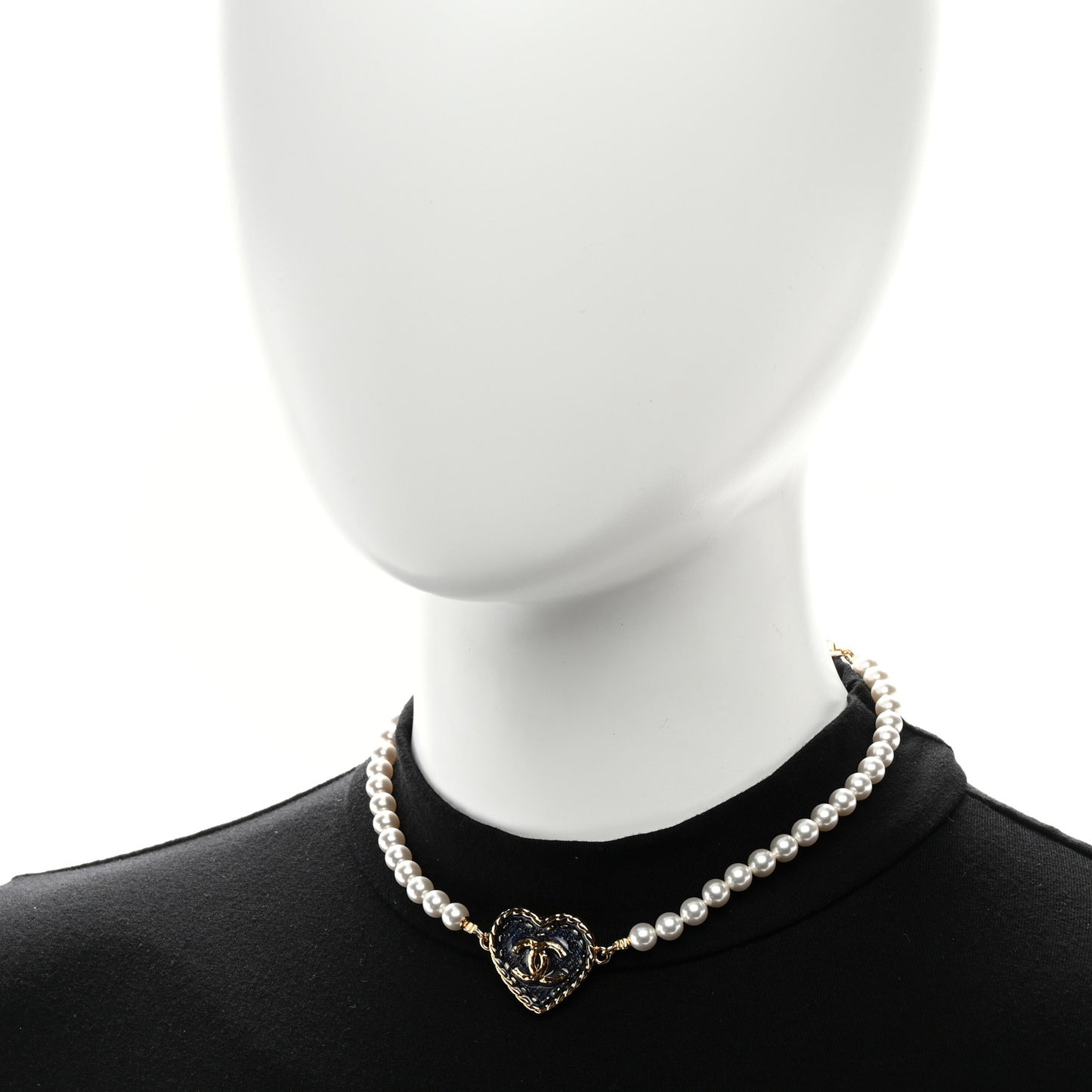 Metal Denim CC Heart Choker Gold Blue Pearly White