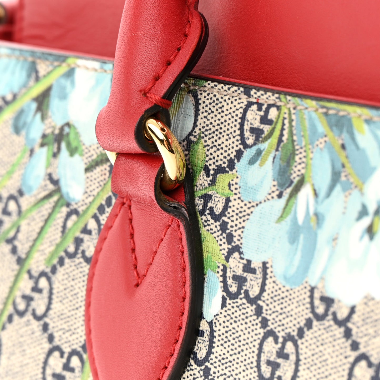 GG Supreme Monogram Blooms Medium Zip Top Tote Beige Blue Navy Hibiscus Red