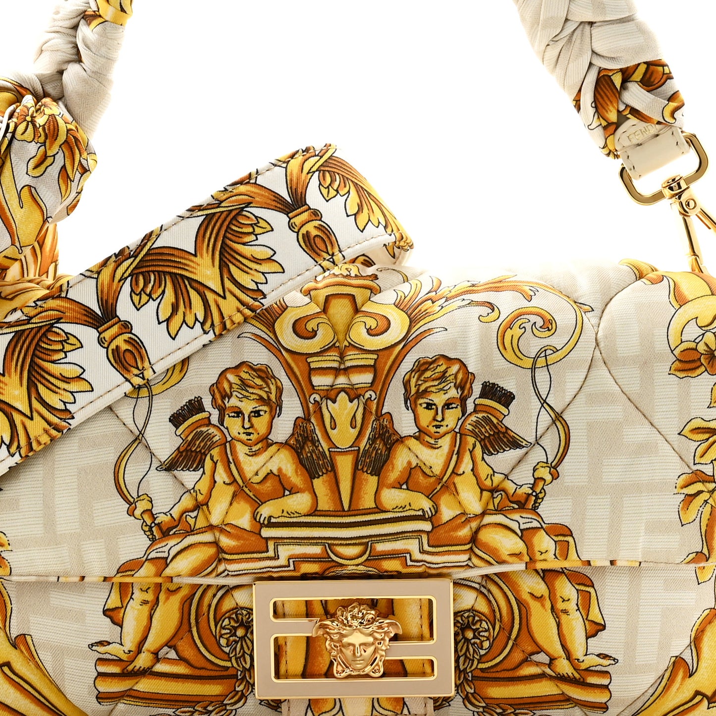 X VERSACE Silk Fendace FF Baroque Quilted Scarf Baguette White Gold