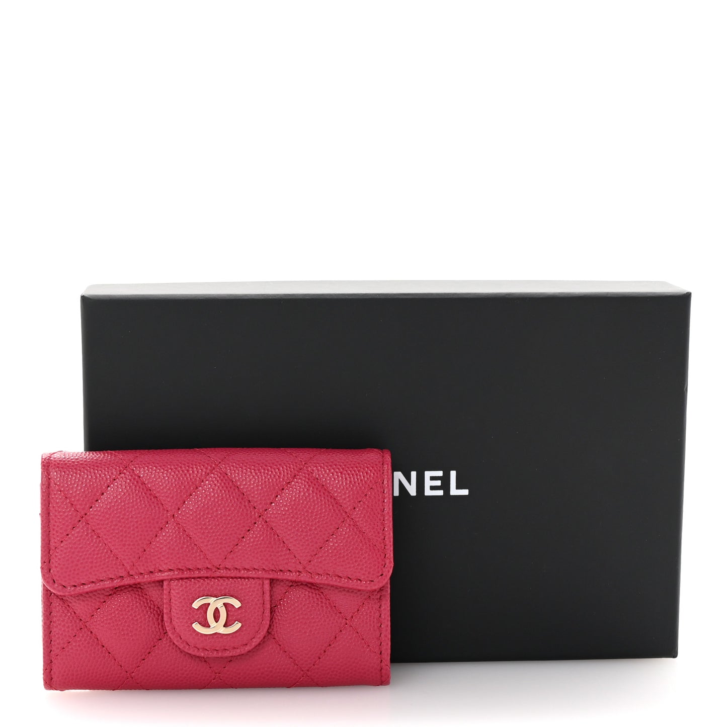 Caviar Quilted Flap Card Holder Wallet Dark Pink