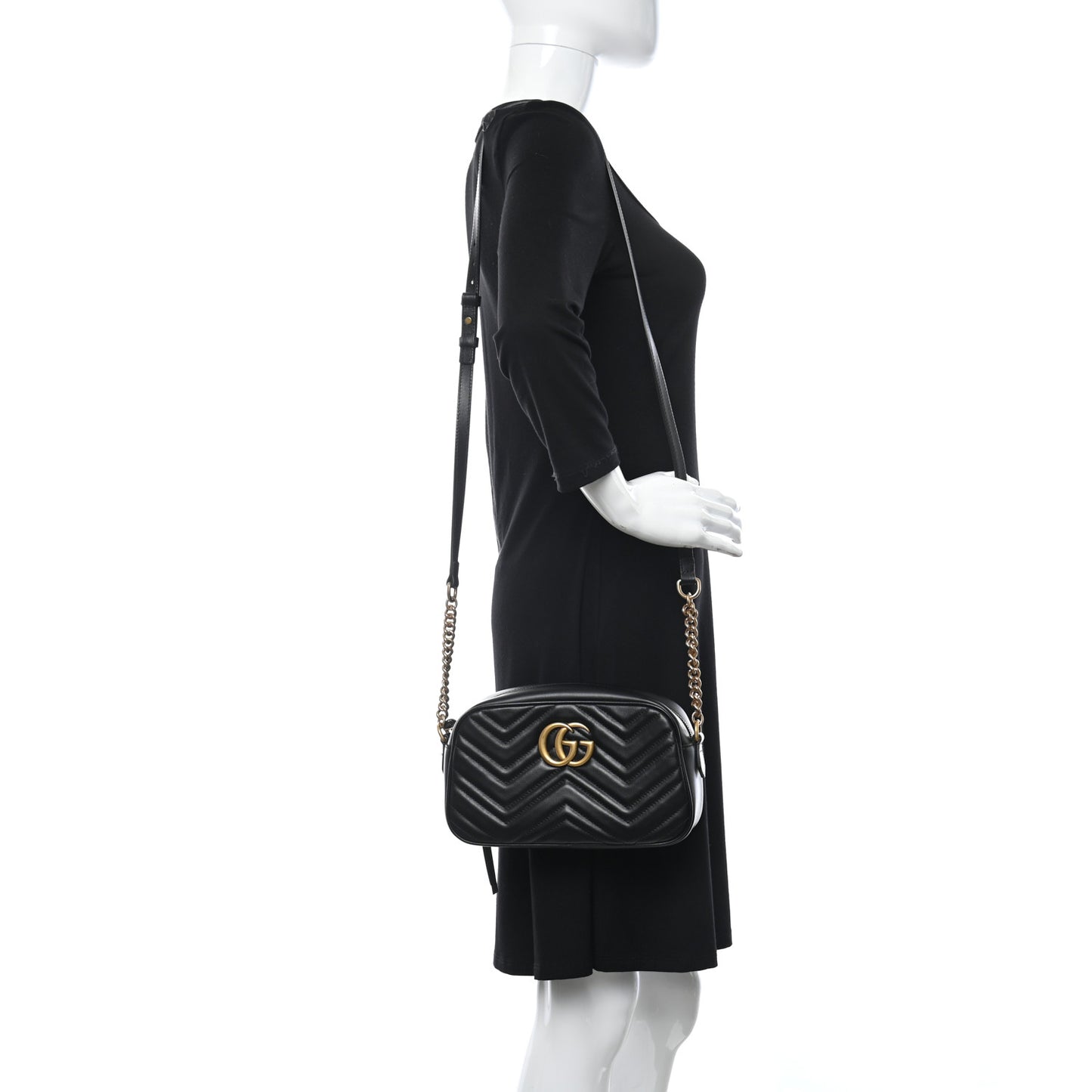 Calfskin Matelasse Monochrome Small GG Marmont Chain Shoulder Bag Black