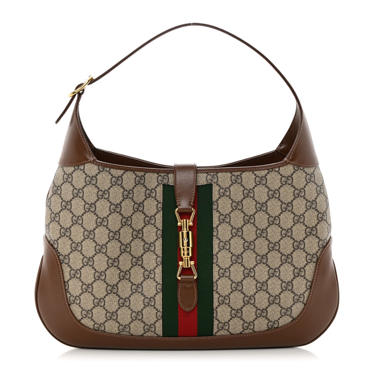 GG Supreme Monogram Azalea Calfskin Web Medium Jackie 1961 Hobo Beige Ebony Brown Sugar