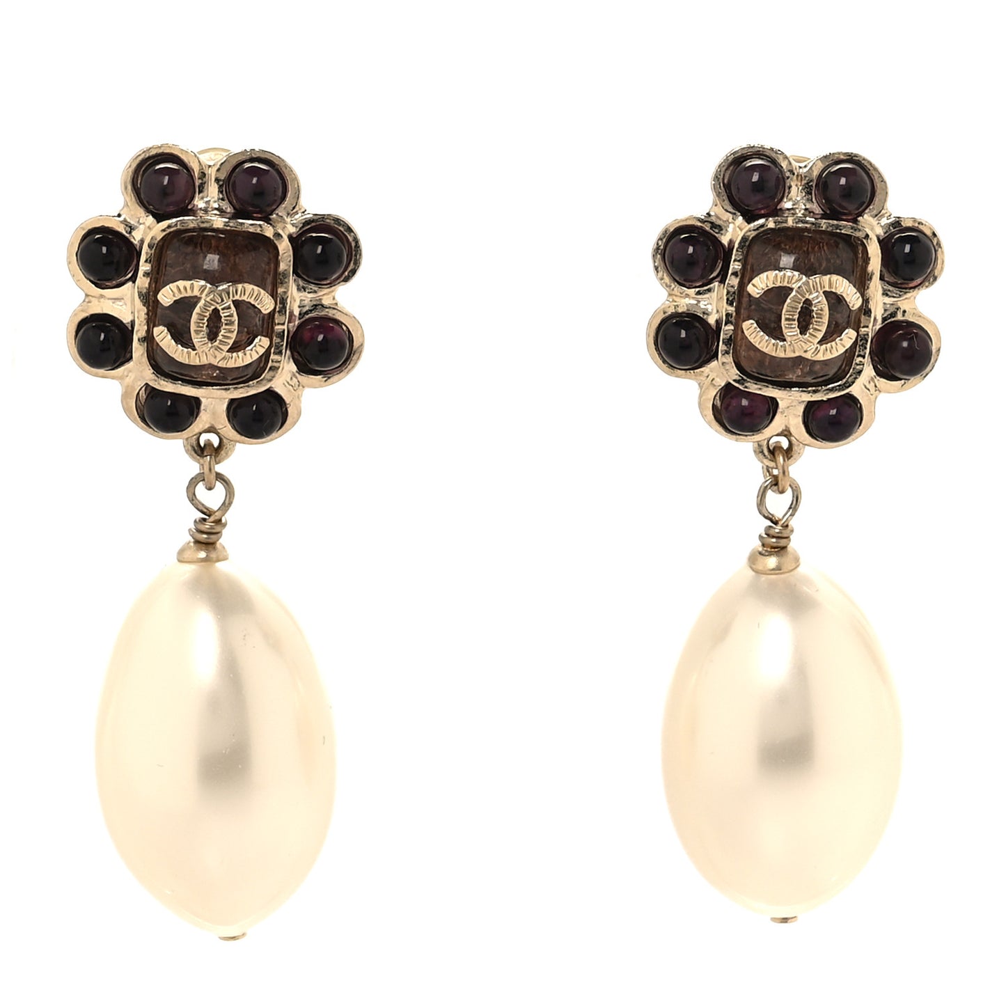 Pearl Gripoix CC Drop Clip On Earrings Gold Multicolor