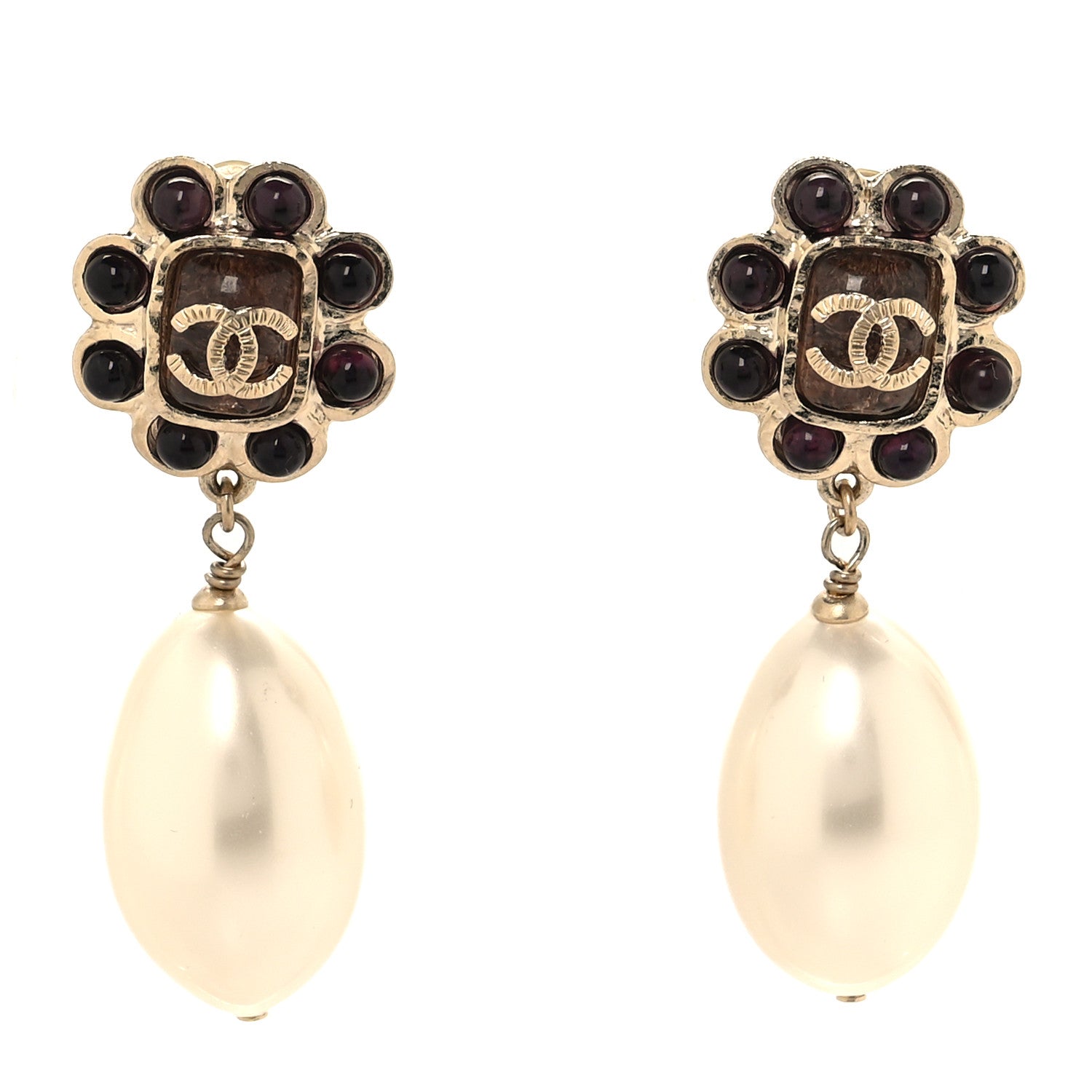 Chanel Pearl Gripoix CC Drop Clip On Earrings Gold Multicolor 1 of 5