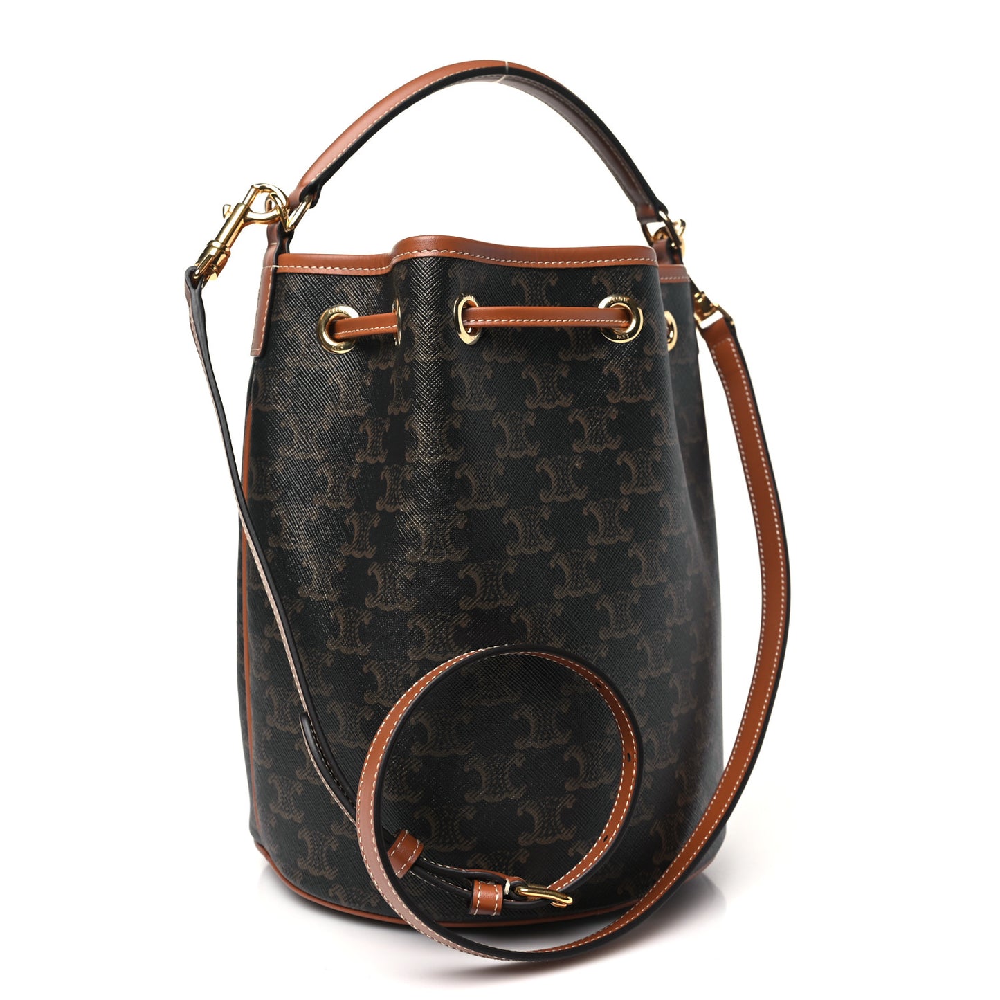 Triomphe Canvas Calfskin Clara Drawstring Bucket Bag Tan