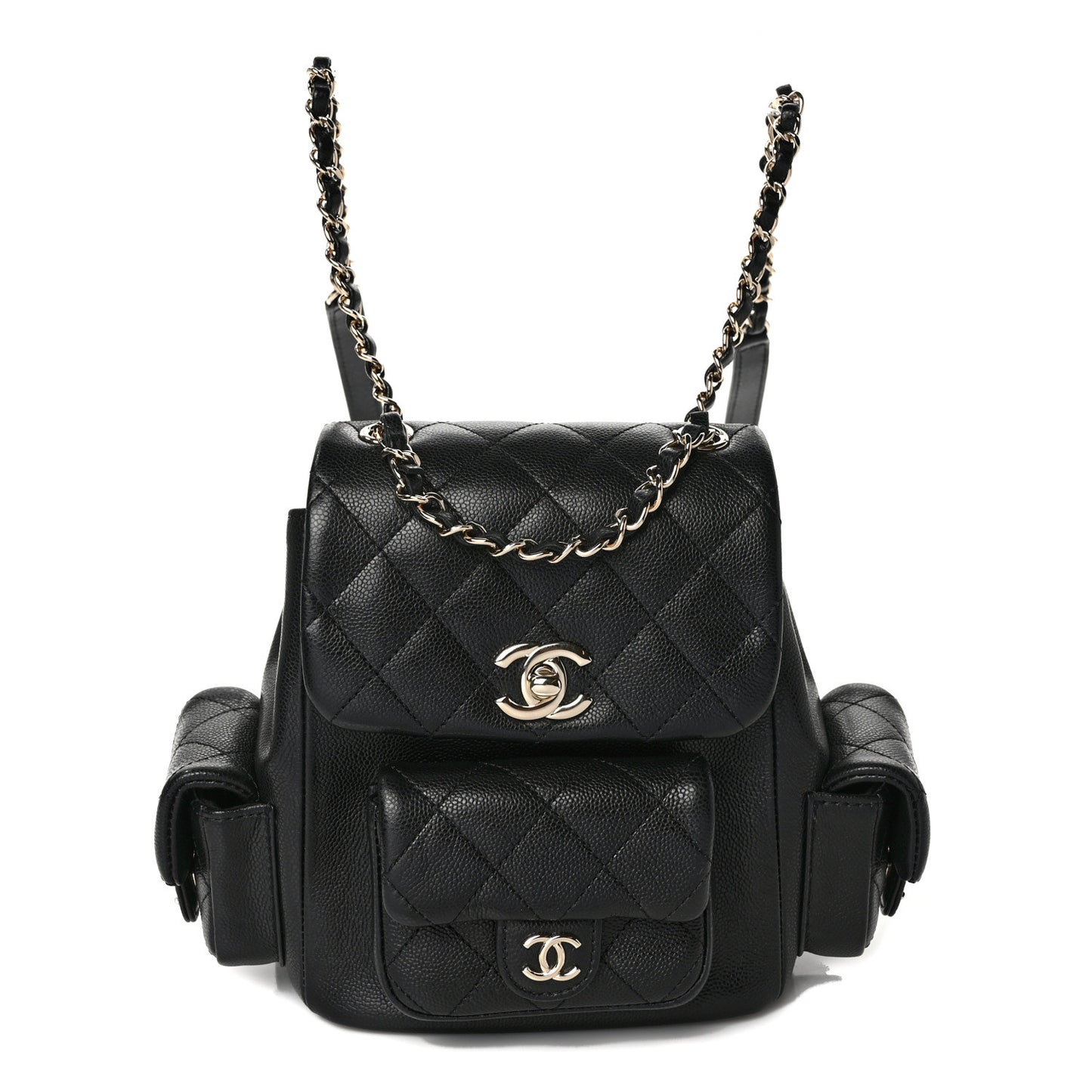 Shiny Caviar Quilted Small Pockets Drawstring Backpack Black