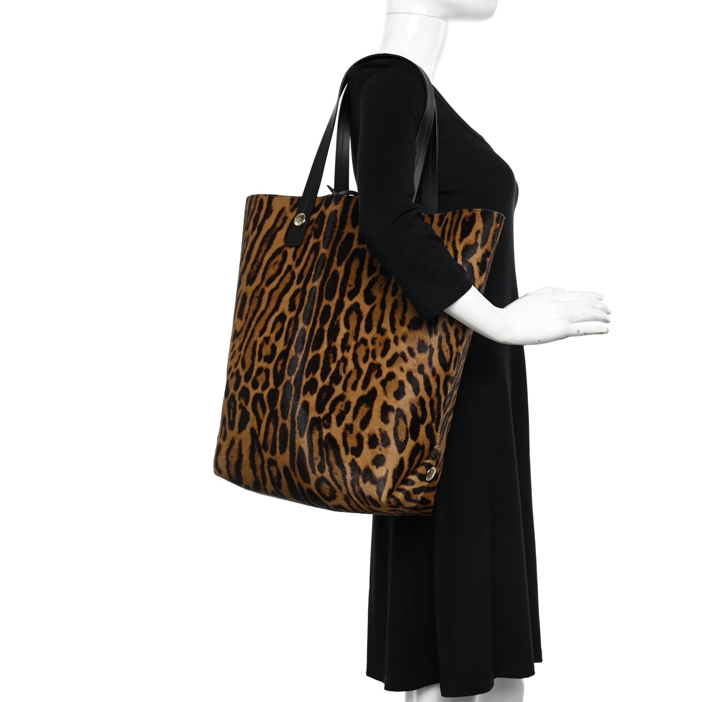 Calf Hair Leopard Print North South Tote Chocolate Brown Black Camel