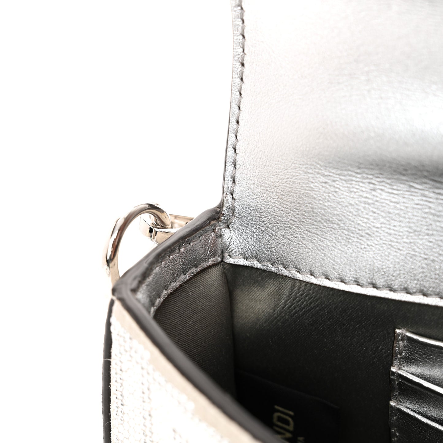 Crystal Vitello Laminato FF Mini Baguette Crystal Argento