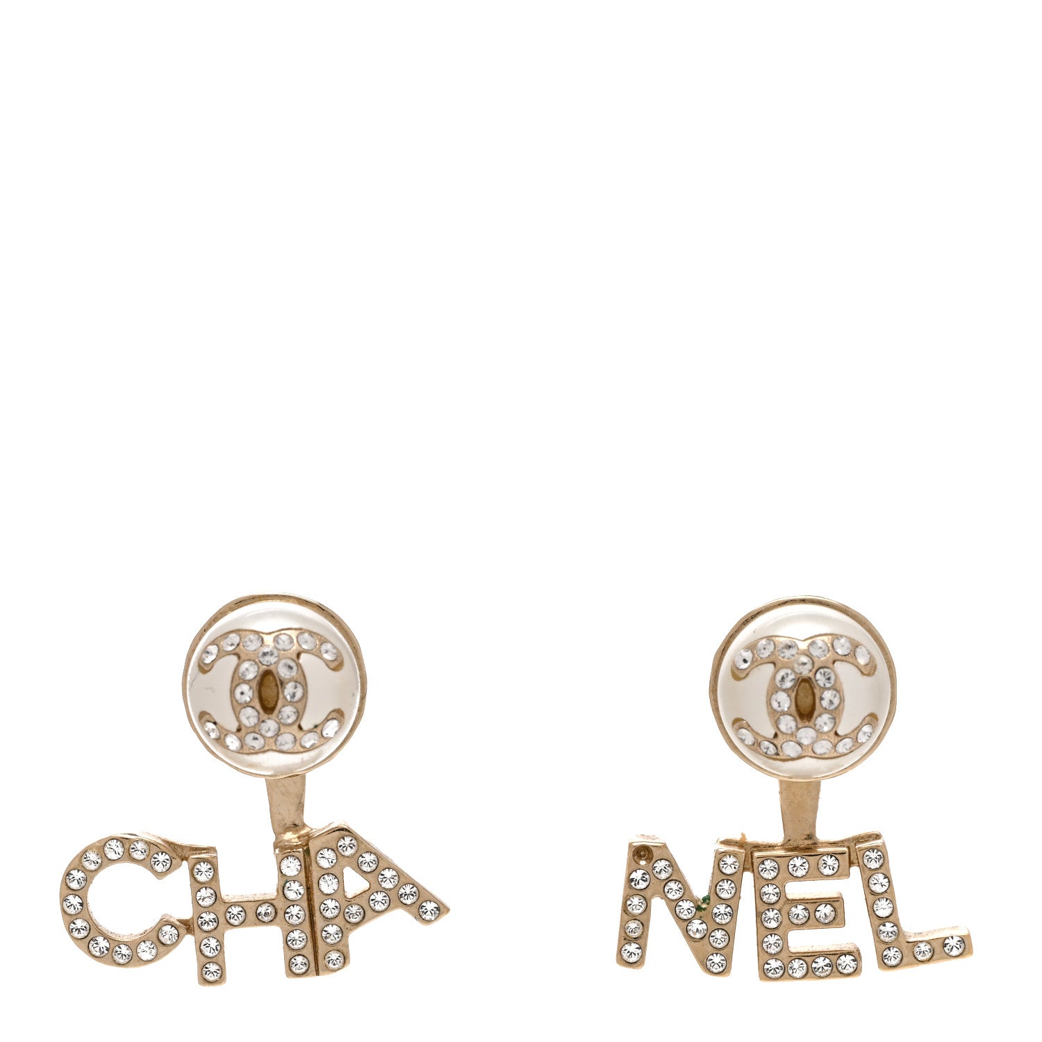 Chanel Pearl Crystal Logo Earrings Gold Pearly White 1 of 5