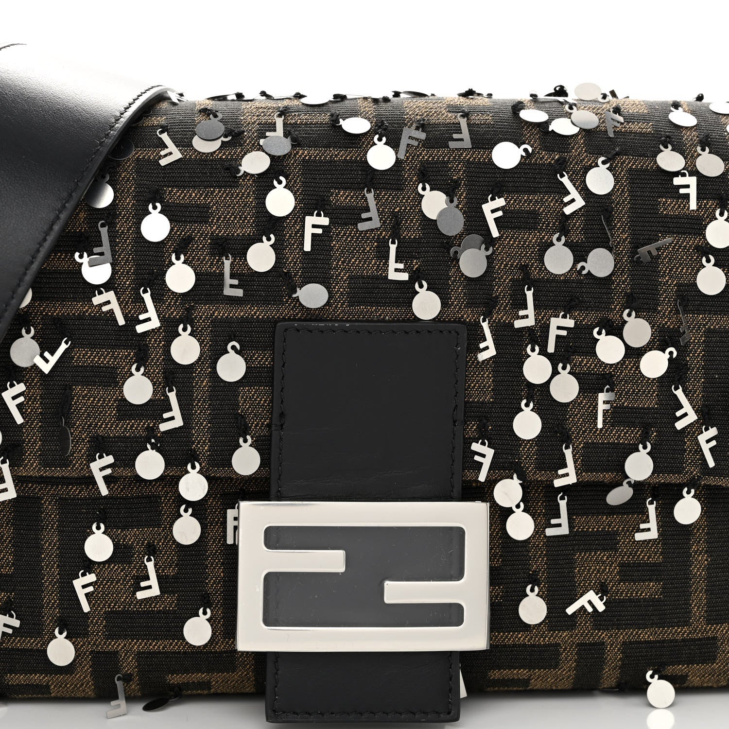 Fendi Fabric Jacquard F Paillettes Vitello Cover FF 1974 Embroidered Baguette Tobacco Moro Argento 7 of 9