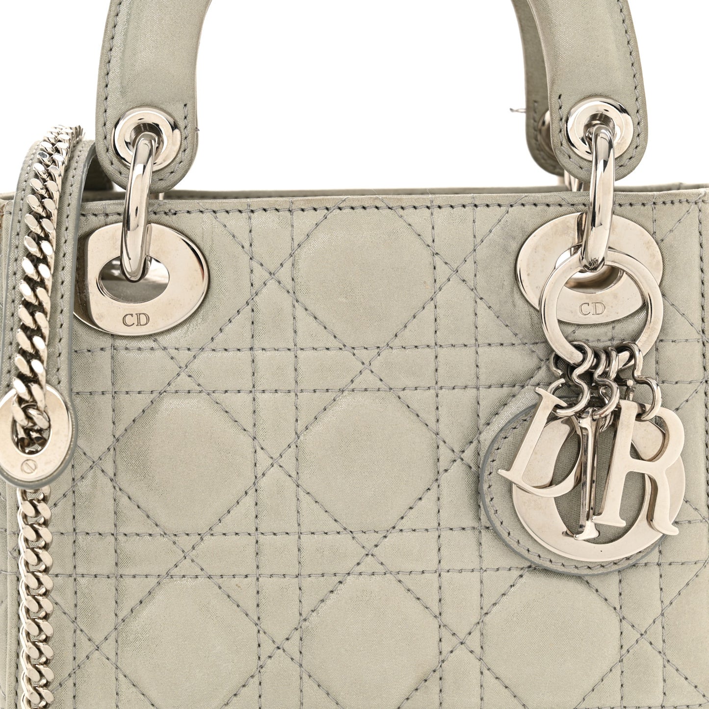 Metallic Lambskin Cannage Mini Lady Dior Silver