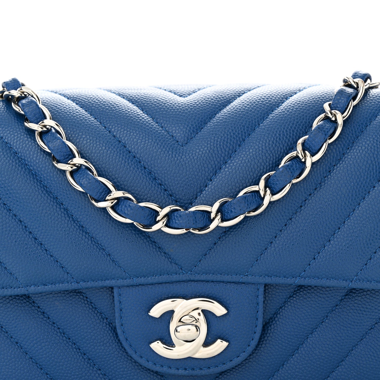 Caviar Chevron Quilted Mini Rectangular Flap Blue