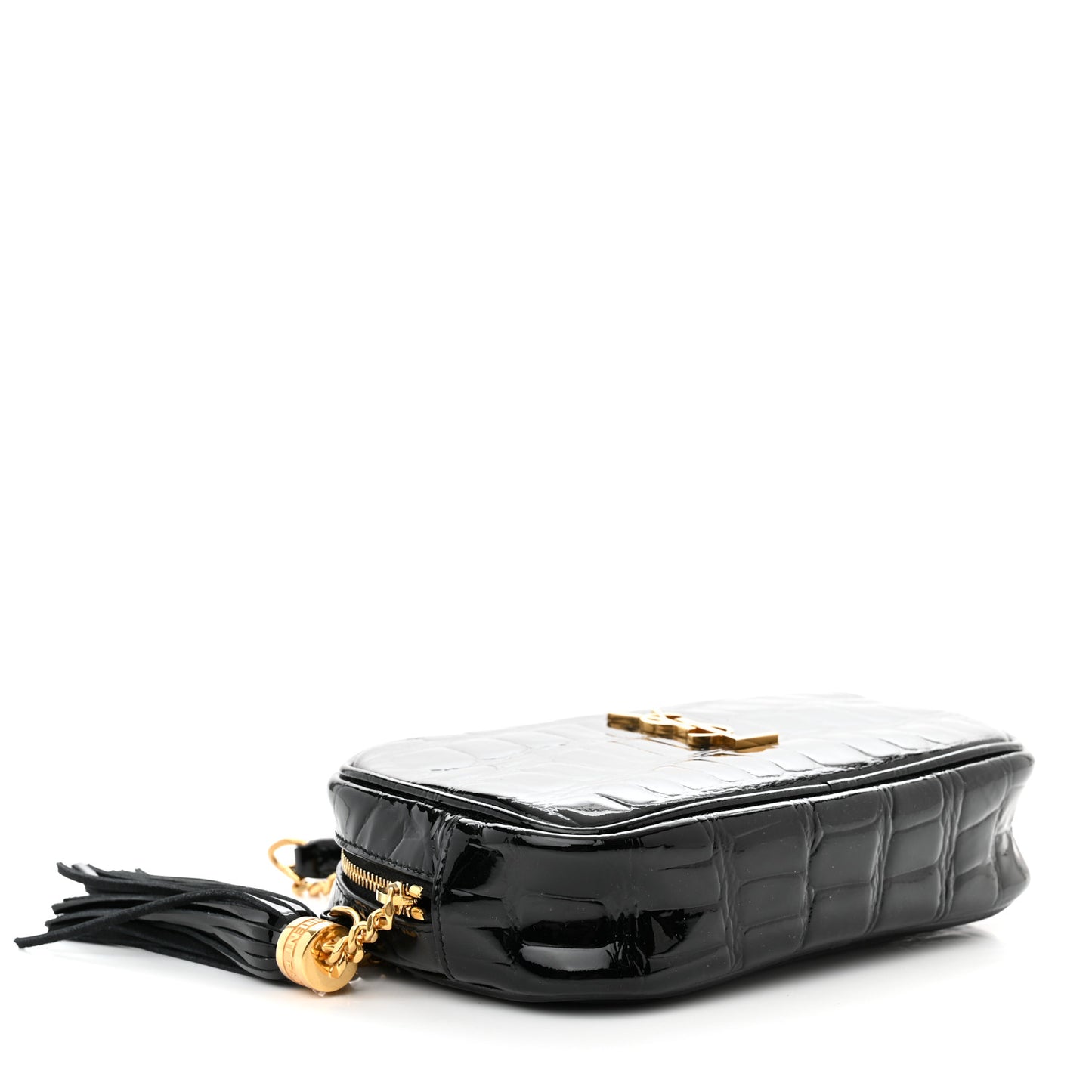 Patent Calfskin Crocodile Embossed Monogram Mini Lou Camera Bag Black