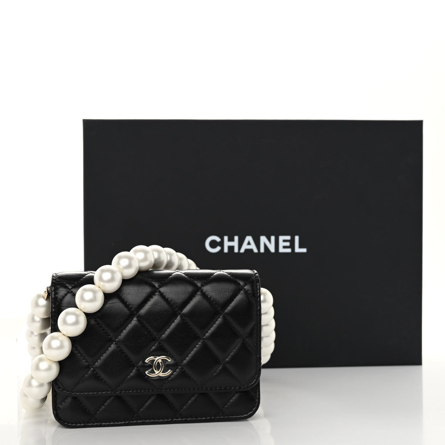 Calfskin Quilted Mini Maxi Pearls Wallet On Chain WOC Black