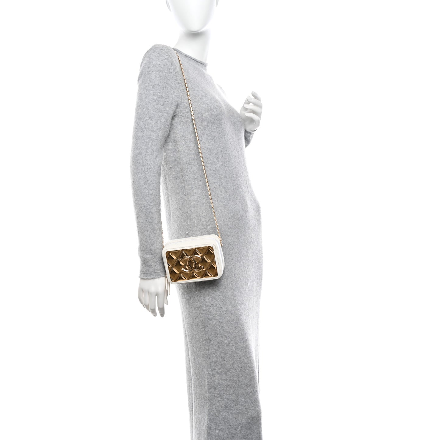 Lambskin Metal Quilted Mini Vanity Case With Chain White Gold