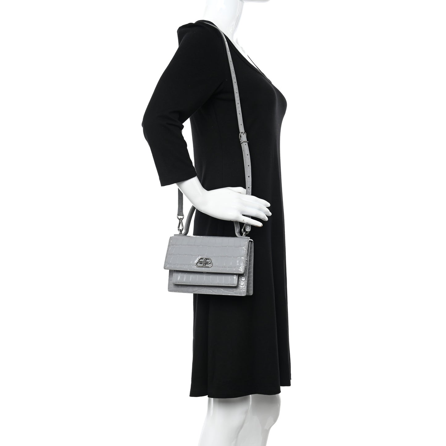 Shiny Calfskin Crocodile Embossed XS Sharp Top Handle Bag Balenciaga Grey
