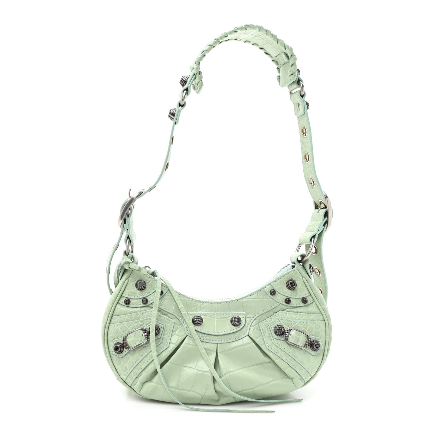 Extra Supple Calfskin Crocodile Embossed Le Cagole Shoulder Bag XS Light Green