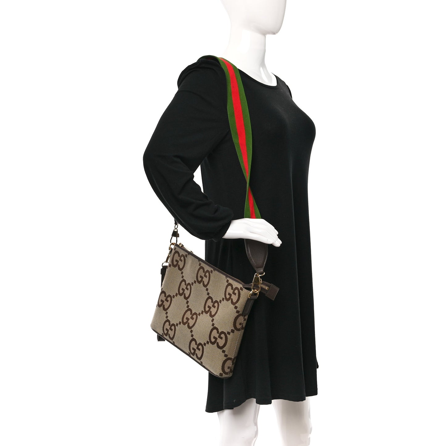 Monogram Jumbo GG Textured Dollar Calfskin Web Wristlet Messenger Bag Camel Ebony New Acero