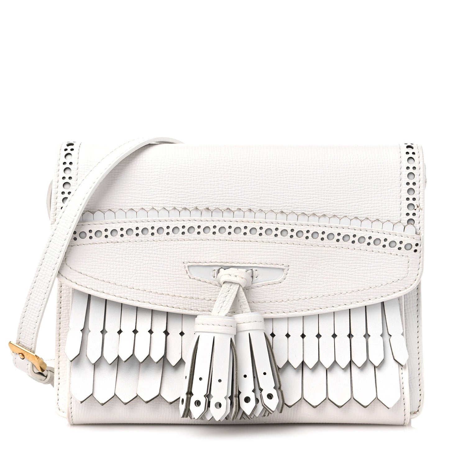 Grainy Calfskin Broguing Tassel Small Macken Crossbody Bag Chalk White