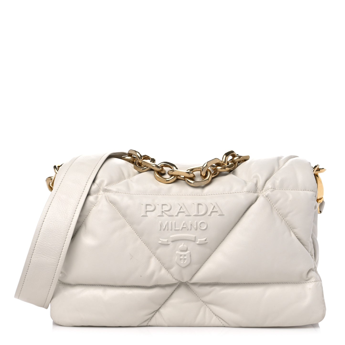 Nappa Soft Padded Logo Embossed Triangle Quilted Shoulder Bag White