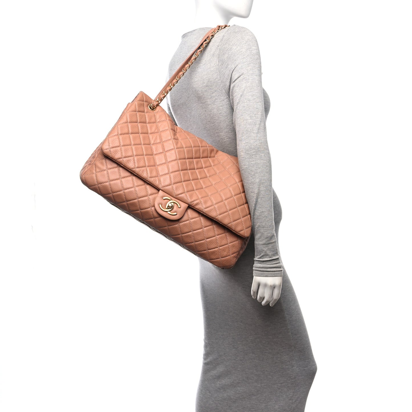 Calfskin Quilted XXL Travel Flap Bag Camel