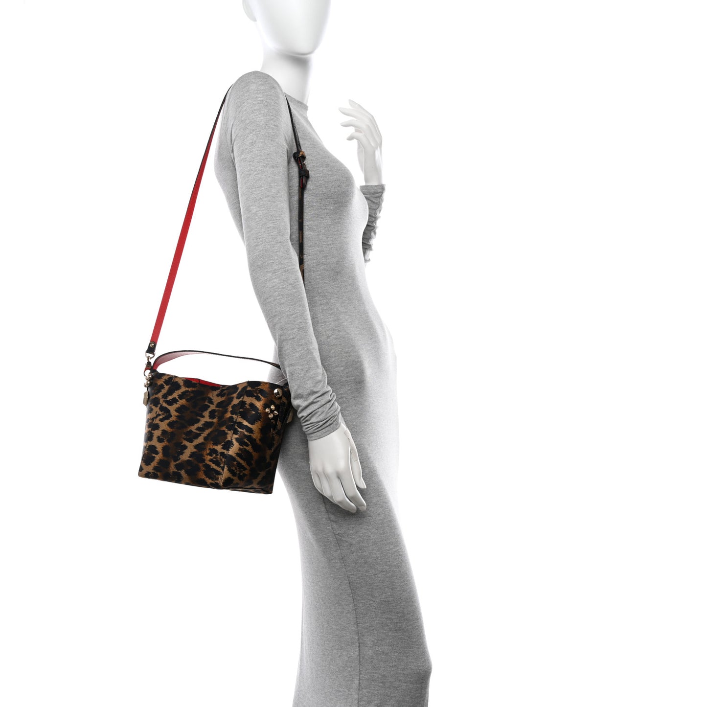 Crepe Satin Leopard Print Empire Spike Studded Mini Cabachic Bucket Bag Brown