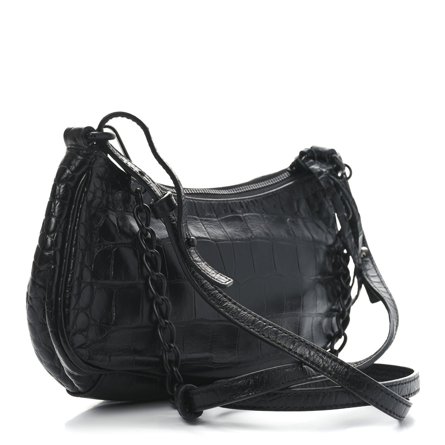 Extra Supple Calfskin Crocodile Embossed Le Cagole Mini Purse With Chain Black