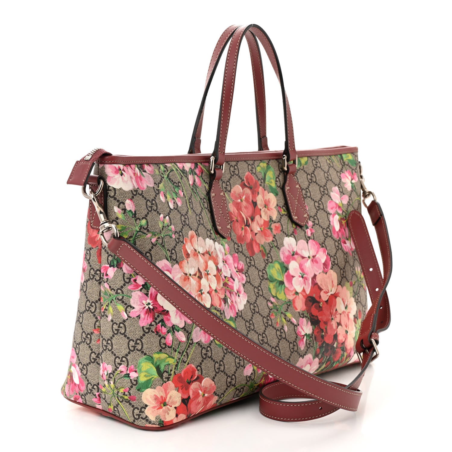 Gucci GG Supreme Monogram Blooms Medium Zippered Tote Beige Multicolor Dry Rose 2 of 9