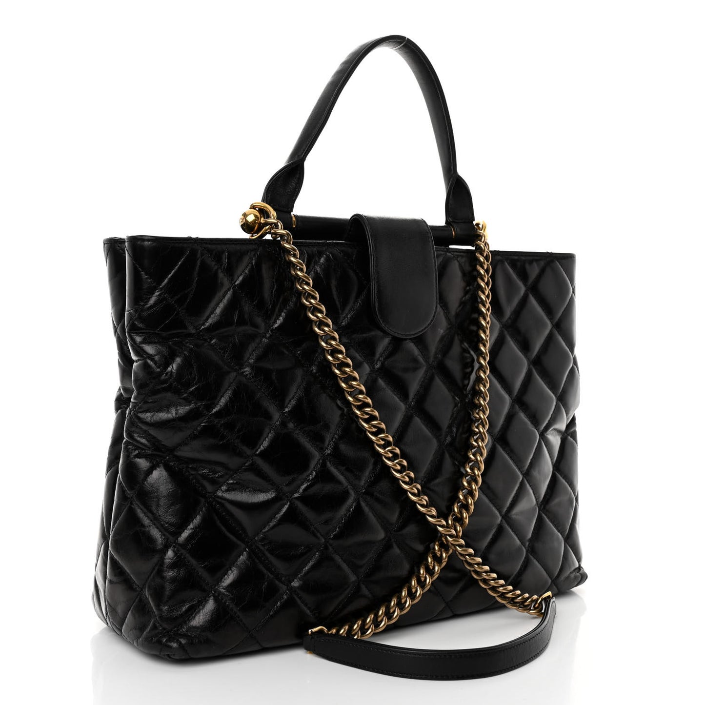 Glazed Calfskin Quilted Gold Bar Tote Black