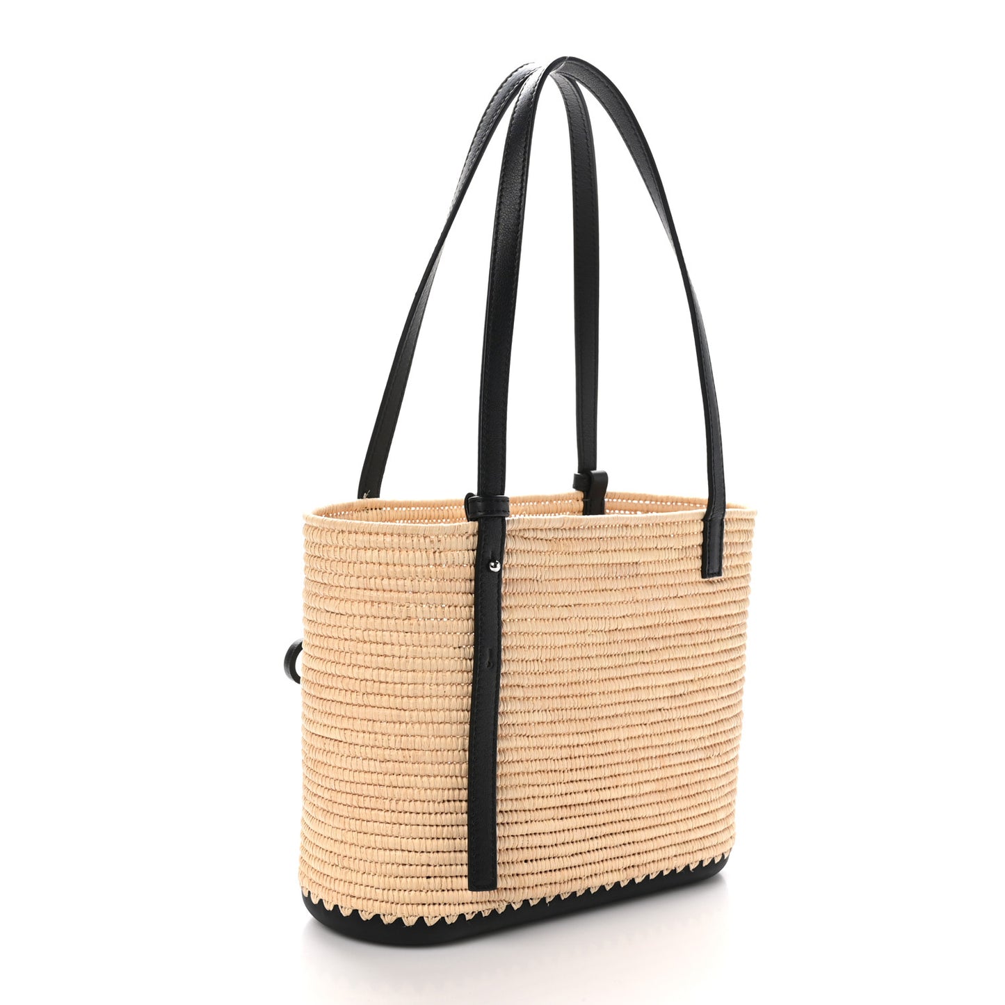 X PAULA'S IBIZA Raffia Calfskin Small Square Basket Tote Bag Natural Black