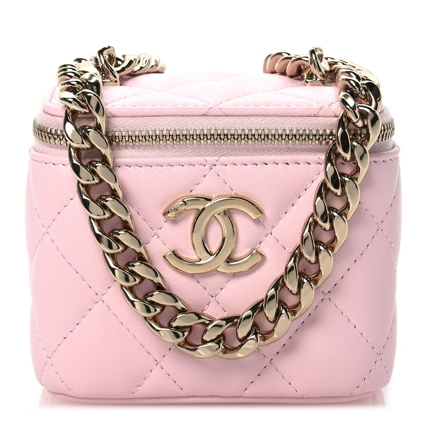 Lambskin Quilted Enamel Coco Mini Vanity Case With Chain Pink
